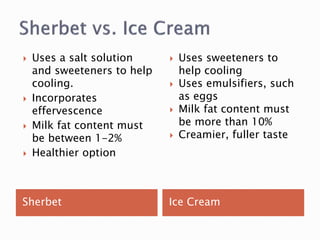 Sherbet Ice Cream
 Uses a salt solution
and sweeteners to help
cooling.
 Incorporates
effervescence
 Milk fat content must
be between 1-2%
 Healthier option
 Uses sweeteners to
help cooling
 Uses emulsifiers, such
as eggs
 Milk fat content must
be more than 10%
 Creamier, fuller taste
 