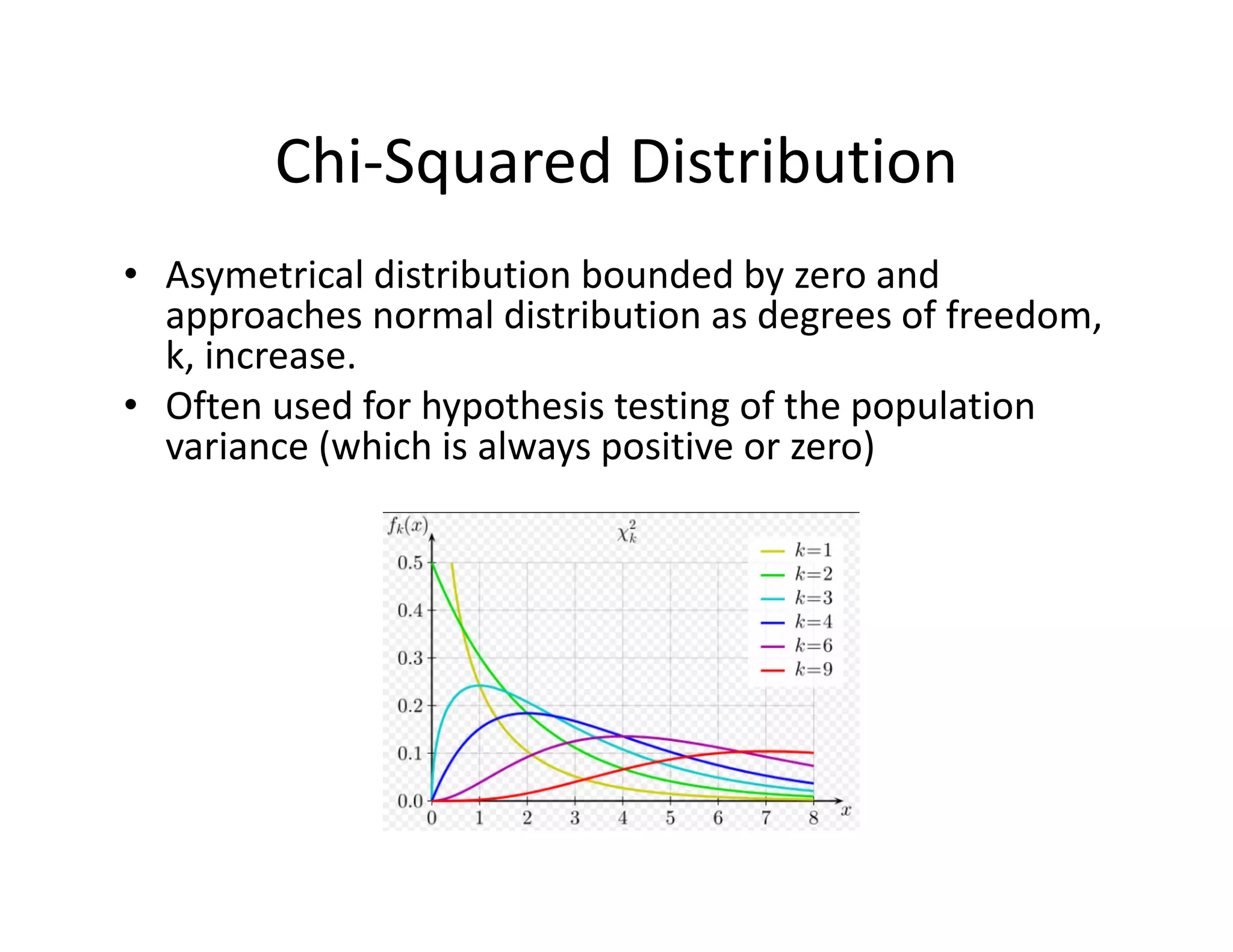 Chi‐Squared Distribution
• Asymetrical distribution bounded by zero and 
approaches normal distribution as degrees of freedom, 
k, increase.
• Often used for hypothesis testing of the population 
variance (which is always positive or zero)
 