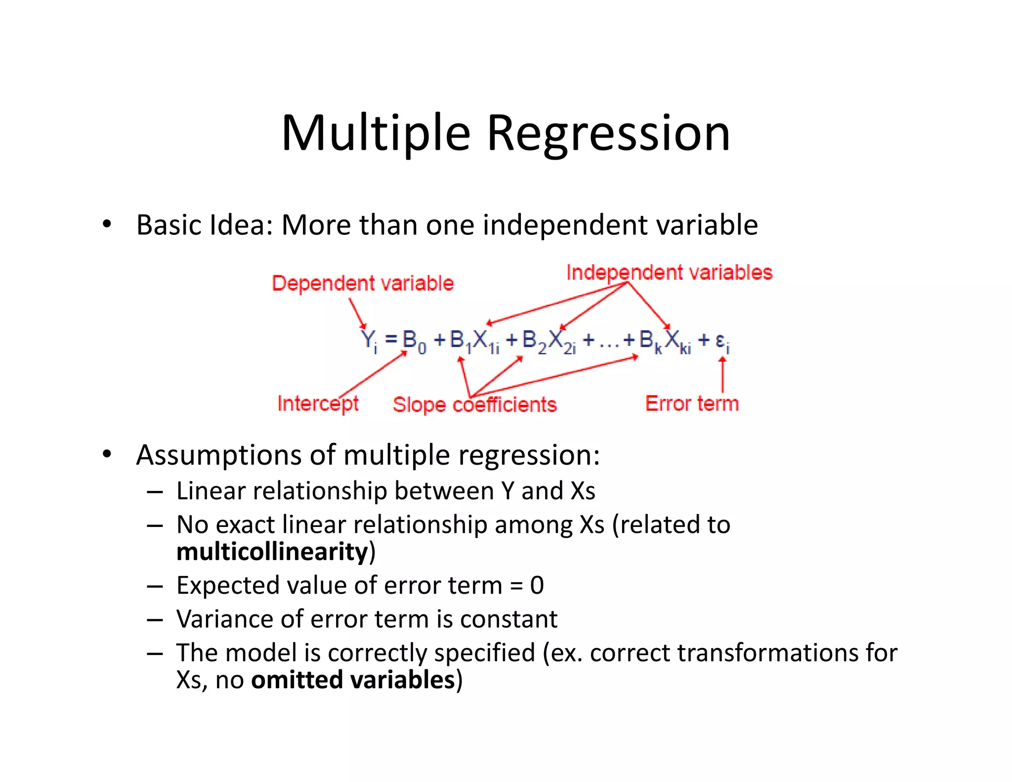 Multiple Regression
• Basic Idea: More than one independent variable
• Assumptions of multiple regression:
– Linear relationship between Y and Xs
– No exact linear relationship among Xs (related to 
multicollinearity)
– Expected value of error term = 0
– Variance of error term is constant
– The model is correctly specified (ex. correct transformations for 
Xs, no omitted variables)
 
