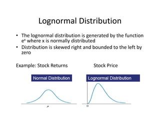 Lognormal Distribution
• The lognormal distribution is generated by the function 
ex where x is normally distributed
• Distribution is skewed right and bounded to the left by 
zero
Example: Stock Returns Stock Price
 