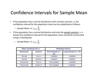 Confidence Intervals for Sample Mean
• If the population has a normal distribution with a known variance, σ, the 
confidence interval for the population mean can be established as follows:
– Sample Mean +/‐ /
σ
• If the population has a normal distribution and only the sample variance, s, is 
known the confidence interval for the population mean should be constructed 
using a t‐distribution
– Sample Mean +/‐ /
s
 