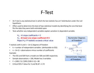 • An F‐test is any statistical test in which the test statistic has an F‐distribution under the null 
hypothesis. 
• Often used to determine the best of two statistical models by identifying the one that best 
fits the data they were both estimated upon. 
• Tests whether any independent variables explain variation in dependent variable.
F‐statistic with k and n – (k+1) degrees of freedom
• k = number of independent variables  (attributable to ESS)
• n – (k+1) = observations minus number of coefficients
Example: 
• The ESS and SSR from a model are 500 and 200 respectivly
• Sample observations = 100, Model has 3 variables
• F = (500 / 3) / [200 /(100‐3‐1)] = 80
• Critical 95% F‐Value for 3 and 96 df = 2.72 
F‐Test
Numerator Degrees 
of Freedom
Denominator Degrees 
of Freedom
 