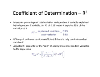 Coefficient of Determination – R2
• Measures percentage of total variation in dependent Y variable explained 
by independent X variable. An R2 of 0.25 means X explains 25% of the 
variation of Y
• R2 is equal to the correlation coefficient if there is only one independent 
variable X.
• Adjusted R2 accounts for the “cost” of adding more independent variables 
to the regression
 