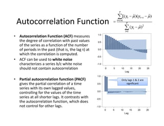 Autocorrelation Function
• Autocorrelation Function (ACF) measures 
the degree of correlation with past values 
of the series as a function of the number 
of periods in the past (that is, the lag τ) at 
which the correlation is computed.
• ACF can be used to white noise 
characterizes a series b/c white noise 
should not contain autocorrelation
• Partial autocorrelation function (PACF) 
gives the partial correlation of a time 
series with its own lagged values, 
controlling for the values of the time 
series at all shorter lags. It contrasts with 
the autocorrelation function, which does 
not control for other lags.
Only lags 1 & 2 are 
significant
 