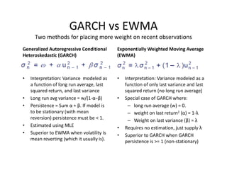 GARCH vs EWMA
Two methods for placing more weight on recent observations
Generalized Autoregressive Conditional 
Heteroskedastic (GARCH)
• Interpretation: Variance  modeled as 
a function of long run average, last 
squared return, and last variance
• Long run avg variance = w/(1‐α–β)
• Persistence = Sum α + β. If model is 
to be stationary (with mean 
reversion) persistence must be < 1.
• Estimated using MLE
• Superior to EWMA when volatility is 
mean reverting (which it usually is). 
Exponentially Weighted Moving Average 
(EWMA)
• Interpretation: Variance modeled as a 
function of only last variance and last 
squared return (no long run average)
• Special case of GARCH where:
– long run average (w) = 0. 
– weight on last return2 (α) = 1‐λ
– Weight on last variance (β) = λ
• Requires no estimation, just supply λ
• Superior to GARCH when GARCH 
persistence is >= 1 (non‐stationary)
 