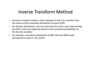 Inverse Transform Method
• Converts a random number u that is between 0 and 1 to a number from 
the inverse of the cumulative distribution function (CDF)
• For discrete distributions, the unit interval [0,1] on the y‐axis (representing 
the CDF) is split into segments based on the cumulative probabilities of 
the discrete variables
• For example, cumulative probabilities of 40% 75% and 100% could 
correspond to values 5, 20, and 40.
 