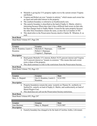 28
 Michelle is giving her 31% property rights over to the current owners Virginia
and Robert.
 Virginia and Robert are now “tenants in entirety,” which means each owner has
an equal and undivided interest in the property.
 The southern boundary is referred to as Southwesterly now.
 The easterly boundary is described as the land of Sophy G. Martin, which is
interesting because fifteen days later it has a different land owner on that side,
but then changes back to Sophy Martin. It must be the same property because
the other three boundaries remain the same, as does the Lot number of 303.
 This deed refers to the Preservation Society deed to Charles W. Wharton, Jr. as
well.
Deed Book
Deed Book Volume 837, Page 258
Grantor Grantee Date
Jim D. Rountree, Laurie L.
Rountree
Michelle E. Depasqua,
Robert J. Depasqua
Virginia C. Depasqua
1/24/1997
Description
 Deed grants Michelle 31% interest, Robert 34.5% percent interest and Virginia
34.5% percent interest as “tenants in common.” This means that each owner
owns a share of the property.
 This deed continues to refer to the restrictions from the Preservation Society.
Deed Book
Deed Book Volume 752, Page 123
Grantor Grantee Date
Mary A. Shepard Jim D. Rountree, Laurie L.
Rountree
8/24/1995
Description
 Property boundaries remain the same: westerly on Thames St., northerly on
Sanford St., easterly on land of Sophy G. Martin, and southwesterly on land of
Muriel Rogers Case.
 This deed does not call out the Preservation Society restrictions.
Deed Book
Deed Book Volume 693, Page 247
Grantor Grantee Date
Joan Sherman Mary A. Shepard 9/25/1987
Description
 Easterly boundary has changed to be the land of Caroline Ardito, Life-tenant.
 