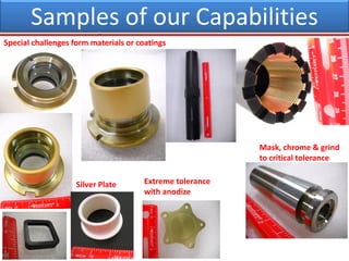 Samples of our Capabilities
Special challenges form materials or coatings
Silver Plate Extreme tolerance
with anodize
Mask, chrome & grind
to critical tolerance
 