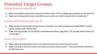 Potential Target Groups
College Students (aged 18-24)
● Pros: accessibility, substantial consumer of online media - 97% of college aged students use the internet 7
● Cons: lack of disposable income, only 84% have a credit card, which is required for membership 14
Families with Children under age 18
● Pros: steady income (median family income in the US is currently averaged around $66,000.8
), need to
satisfy children with “Netflix Kids”
● Cons: only two people can use Netflix simultaneously without upgrading - The average family consists of
3.13 people.10
Senior Citizens (65+)
● Pros: substantial disposable income, increased free time for consuming online media
● Cons: only half of all senior citizens are online and active internet users 12
and many find the internet to
be difficult to use
 
