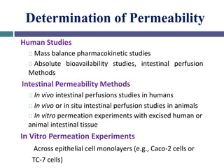 Determination of Permeability
Human Studies
Mass balance pharmacokinetic studies
Absolute bioavailability studies, intestinal perfusion
Methods
Intestinal Permeability Methods
In vivo intestinal perfusions studies in humans
In vivo or in situ intestinal perfusion studies in animals
In vitro permeation experiments with excised human or
animal intestinal tissue
In Vitro Permeation Experiments
Across epithelial cell monolayers (e.g., Caco-2 cells or
TC-7 cells)
 