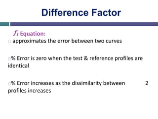 Difference Factor
f1 Equation:
approximates the error between two curves
% Error is zero when the test & reference profiles are
identical
% Error increases as the dissimilarity between 2
profiles increases
 