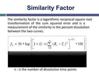 Similarity Factor
The similarity factor is a logarithmic reciprocal square root
transformation of the sum squared error and is a
measurement of the similarity in the percent dissolution
between the two curves.
n : is the number of dissolution time points
 