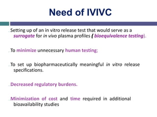 Need of IVIVC
…Setting up of an in vitro release test that would serve as a
surrogate for in vivo plasma profiles ( bioequivalence testing).
…To minimize unnecessary human testing;
…To set up biopharmaceutically meaningful in vitro release
specifications.
…Decreased regulatory burdens.
…Minimization of cost and time required in additional
bioavailability studies
 
