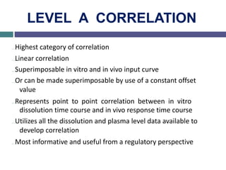 LEVEL A CORRELATION
…Highest category of correlation
…Linear correlation
…Superimposable in vitro and in vivo input curve
…Or can be made superimposable by use of a constant offset
value
…Represents point to point correlation between in vitro
dissolution time course and in vivo response time course
…Utilizes all the dissolution and plasma level data available to
develop correlation
…Most informative and useful from a regulatory perspective
 