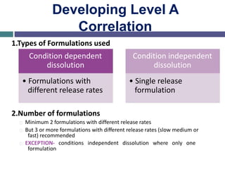 Developing Level A
Correlation
1.Types of Formulations used
Condition dependent
dissolution
• Formulations with
different release rates
2.Number of formulations
Condition independent
dissolution
• Single release
formulation
Minimum 2 formulations with different release rates
But 3 or more formulations with different release rates (slow medium or
fast) recommended
EXCEPTION- conditions independent dissolution where only one
formulation
 