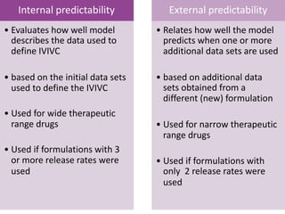 Internal predictability
• Evaluates how well model
describes the data used to
define IVIVC
• based on the initial data sets
used to define the IVIVC
• Used for wide therapeutic
range drugs
• Used if formulations with 3
or more release rates were
used
External predictability
• Relates how well the model
predicts when one or more
additional data sets are used
• based on additional data
sets obtained from a
different (new) formulation
• Used for narrow therapeutic
range drugs
• Used if formulations with
only 2 release rates were
used
 