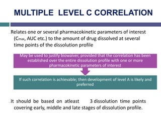 MULTIPLE LEVEL C CORRELATION
…Relates one or several pharmacokinetic parameters of interest
(Cmax, AUC etc.) to the amount of drug dissolved at several
time points of the dissolution profile
May be used to justify biowaiver, provided that the correlation has been
established over the entire dissolution profile with one or more
pharmacokinetic parameters of interest
If such correlation is achievable; then development of level A is likely and
preferred
…It should be based on atleast 3 dissolution time points
covering early, middle and late stages of dissolution profile.
 