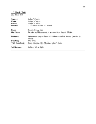 15
11. Black I Belt
Rec. Black Belt +
Stances: Judges’ Choice
Kicks: Judges’ Choice
Blocks: Judges’ Choice
Punches: 2 x 2-minute rounds vs. Partner
Form: Koryo, Gwang-Gae
One-Steps: Develop and Demonstrate a new one-step; Judges’ Choice
Footwork: Demonstrate any of above for 2-minute round vs. Partner (punches &
kicks)
Breaking: One brick
TKD Handbook: Form Meaning, Belt Meaning, judges’ choice
Self-Defense: Ballistic Micro Fight
 