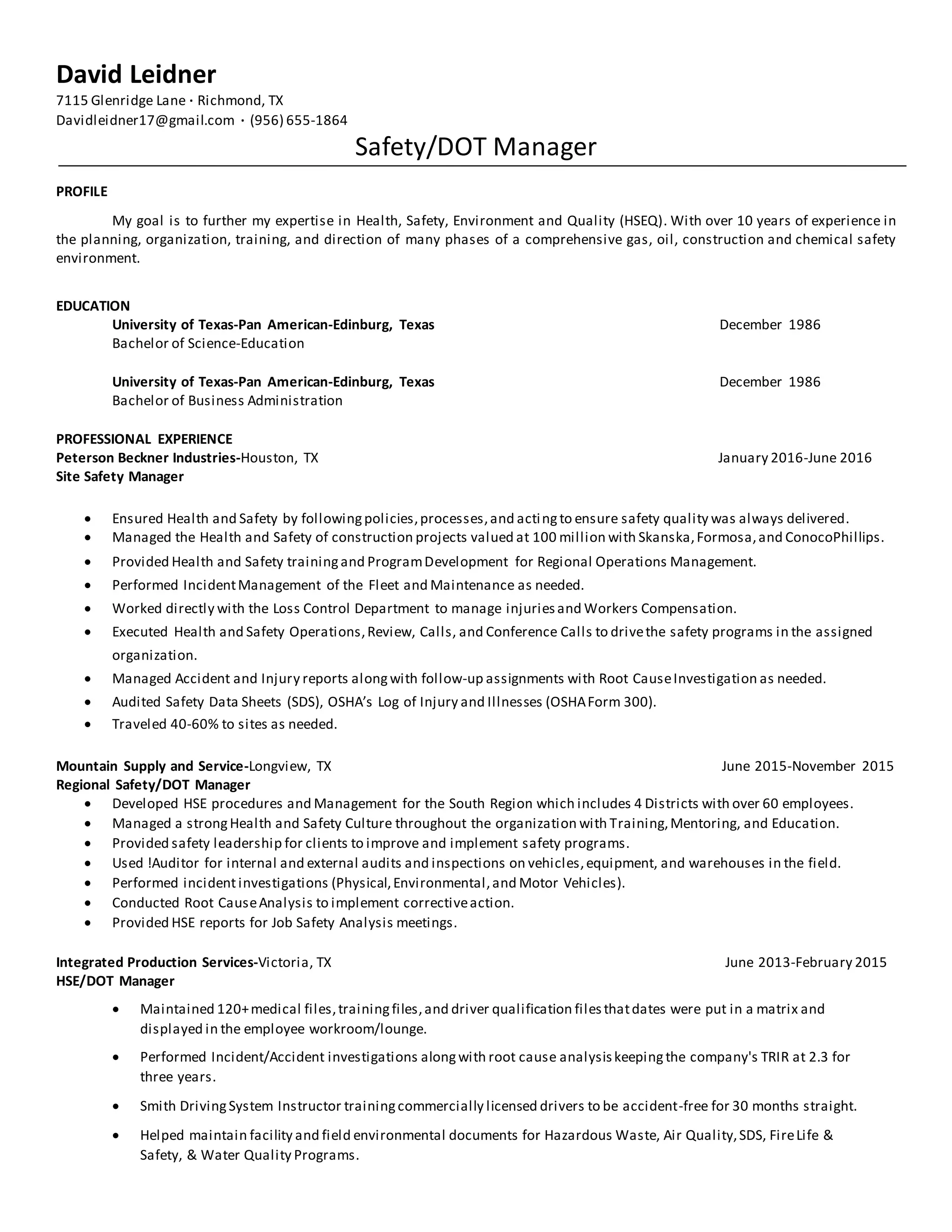 David+Leidner+Safety+Manager+Resume++June+2016 | PDF