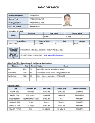 RADIO OPERATOR
PERSONAL DETAILS:
NAME:
Surname First Name Middle Name
ROHIT KUMAR
Date of Birth Place of Birth Age Gender
15-JUL-1983 EATAWAH 31 MALE
PERMANENT
ADDRESS:
HOUSE NO 4, HIMACHAL COLONY, DEOVRI ROAD, AGRA
CONTACT
NO & EMAIL
ID:
+91 9897819094 , 8171023346; rohit_barges@yahoo.com
QUALIFICATION: (Beginning with the Highest Qualification)
Education Year Marks Grade Board
BSc 2012 783 Second Dr. Bhimrao ambedkar university
Intermediate 2000 500 Second Little Flower Junior College (AP BOARD)
High School 1998 427 First Kannya Vidhyalaya ( AP BOARD)
CERTIFICATION:
Type Certificate No. Issue Date Expiry Date Issuing Authority
INDIAN CDC CH21836 03-Feb-14 02-Feb-24 CHENNAI
INDIAN GOC GOC – 12191 26-May-14 15-Mar-19 NEW DELHI
INDORSEMENT GOC/MMD/MUM/17905 28-JUL-10 N/A MUMBAI
VANUATU CDC 79140 17-Jul-14 16-Jul-19 MUMBAI
VANUATU GOC 14-75956 17-JUL-14 16-JUL-19 MUMBAI
YELLOW FEVER N/A 27-NOV-06 26-NOV-16 MUMBAI
Date Of Application: 03 Sep 2015
Current Post: RADIO OPERATOR
Post Applied For: RADIO OPERATOR
Pan Card Details: AYNPK2847G
 