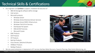 Technical Skills & Certifications
• Our Engineers are Certified to support, Installation & Execution of
• IBM AIX Storage & software define storage
• Intel servers
• Microsoft products
• Windows Server
• Windows Active Directory Domain Services
• Windows Server RODC Infrastructure
• Windows File & Print Services
• Distributed File System
• DNS & DHCP Services
• Microsoft Cluster
• EMC Products
• Dell Products
• HP Products
• Red Hat Products
• Cisco Servers, Switches & Routers
• VMWare Products
• NetApp Products
• We also assist enterprise in deployment of IT services like Bare Metal Recovery, Capacity Planning, Data Centre Monitoring, etc..
P S S P L C o n f i d e n t i a l w w w . p e n t a g o n . c o . i n
 