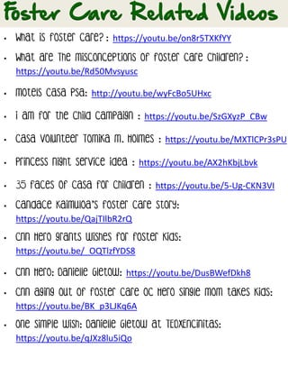 • What is Foster Care? : https://youtu.be/on8r5TXKfYY
• What Are The Misconceptions of Foster Care Children? :
https://youtu.be/Rd50Mvsyusc
• Motels CASA PSA: http://youtu.be/wyFcBo5UHxc
• I Am for the Child Campaign : https://youtu.be/SzGXyzP_CBw
• CASA Volunteer Tomika M. Holmes : https://youtu.be/MXTlCPr3sPU
• Princess Night Service Idea : https://youtu.be/AX2hKbjLbvk
• 35 Faces of CASA for Children : https://youtu.be/5-Ug-CKN3VI
• Candace Kaimuloa’s Foster Care Story:
https://youtu.be/QajTIlbR2rQ
• CNN Hero grants wishes for foster kids:
https://youtu.be/_OQTlzfYDS8
• CNN Hero: Danielle Gletow: https://youtu.be/DusBWefDkh8
• CNN Aging out of Foster Care OC Hero single mom takes kids:
https://youtu.be/BK_p3LJKq6A
• One simple wish: Danielle Gletow at TEDxEncinitas:
https://youtu.be/qJXz8lu5iQo
 