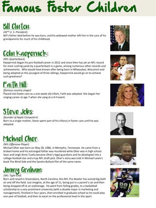 Bill Clinton:
(42nd U. S. President)
Bill’s father died before he was born, and his widowed mother left him in the care of his
grandparents for much of his childhood.
Colin Kaepernick:
(NFL Quarterback)
Kaepernick began his pro-football career in 2012 and since then has set an NFL record
for most rushing yards by a quarterback in a game, among numerous other records and
achievements. Who would have known after being born in Milwaukee, Wisconsin and
being adopted as the youngest of three siblings, Kaepernick would go on to achieve
such greatness?
Faith Hill:(
(famous country singer)
Placed into foster care as a one-week old infant, Faith was adopted. She began her
singing career at age 7 when she sang at a 4-H event.
Steve Jobs:(
(founder of Apple Computers)
Born to a single mother, Steve spent part of his infancy in foster care until he was
adopted.
Michael Oher:
(NFL Offensive Player)
Michael Oher was born on May 28, 1986, in Memphis, Tennessee. He came from a
broken home and his estranged father was murdered while Oher was in high school.
Sean and Leigh Anne Tuohy became Oher's legal guardians and he developed into a
college football star and a top NFL draft pick. Oher's story was told in Michael Lewis's
book The Blind Side and the Sandra Bullock film of the same name.
Jimmy Graham:
(NFL Tight End)
Born and raised in Greensboro, North Carolina, this NFL Pro-Bowler has scored big both
on and off the field. Just imagine, at the age of 11, being put in a parent’s car and then
being dropped off at an orphanage. He went from failing grades, to a basketball
scholarship to a very prominent university (with a double major in marketing and
management), finished in four years, then enrolled in graduate school so he could play
one year of football, and then to excel on the professional level in the sport.
 