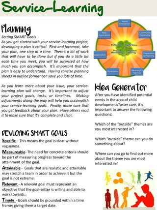 Planning
Setting SMART Goals
As you get started with your service-learning project,
developing a plan is critical. First and foremost, take
your plan, one step at a time. There’s a lot of work
that will have to be done but if you do a little bit
each time you meet, you will be surprised at how
much you can accomplish. It’s important that the
plan is easy to understand. Having concise planning
sheets in outline format can save you lots of time.
As you learn more about your issue, your service-
learning plan will change. It’s important to adjust
your project goals, tasks, or timelines. Making
adjustments along the way will help you accomplish
your service-learning goals. Finally, make sure that
you get feedback about your plan. Have others read
it to make sure that it’s complete and clear.
Idea Generator
After you have identified potential
needs in the area of child
development/foster care, it’s
important to answer the following
questions:
Which of the “outside” themes are
you most interested in?
Which “outside” theme can you do
something about?
Where can you go to find out more
about the theme you are most
interested in?
DEVLOPING SMART GOALS
Specific – This means the goal is clear without
vagueness.
Measureable- The need for concrete criteria should
be part of measuring progress toward the
attainment of the goal.
Attainable - Goals that are realistic and attainable
may stretch a team in order to achieve it but the
goal is not extreme.
Relevant - A relevant goal must represent an
objective that the goal-setter is willing and able to
work towards.
Timely - Goals should be grounded within a time
frame; giving them a target date.
 