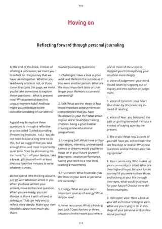1 1 9
Moving on
Reflecting forward through personal journaling
At the end of this book, instead of
offering a conclusion, we invite you
to reflect on the journey that we
have taken together. Whether you
read every article or not, or if you
came directly to this page, we invite
you to take some time to explore
these questions: What is present
now? What potential does this
unique moment hold? And how
might you contribute to the
collective unfolding of our stories?
A good way to explore these
questions is through a reflective
practice called Guided Journaling
(Presencing Institute, n.d.). You do
not need to take a long time to do
this, but we suggest that you take
enough time, and most importantly,
quiet time. Start by eliminating dis-
tractions. Turn off your devices, take
a break, gift yourself with at least
thirty to forty-five minutes to write
whatever comes.
Do not spend time thinking about it,
just go with whatever arises in you.
When you have written your
answer, move to the next question.
When you are ready, you can
choose to share it with a friend or
colleague. That can help you to
reflect more deeply. Make your own
decisions about how much you
share.
Guided Journaling Questions:
1. Challenges: Have a look at your
work and life from the outside as if
you were another person. What are
the most important tasks or chal-
lenges your life/work is currently
presenting?
2. Self: What are the three of four
most important achievements or
competencies that you have
developed in your life? What about
in your work? (examples: raising
children, being a good listener,
creating a new educational
programme).
3. Emerging Self: What three or four
aspirations, interests, undeveloped
talents or dreams would you like to
focus on in your future journey?
(examples: creative performance,
taking your work to a new level,
starting a movement).
4. Frustration: What frustrates you
the most in your work or personal
life currently?
5. Energy: What are your most
important sources of energy? What
do you love?
6. Inner resistance: What is holding
you back? Describe two or three
situations in the recent past where
one or more of these voices
stopped you from exploring your
situation more deeply:
a. Voice of Judgement: your mind
closed down by stepping out of
inquiry and into opinion or judge-
ment.
b. Voice of Cynicism: your heart
shut down by disconnecting in-
stead of relating.
c. Voice of Fear: you held onto the
past or got frightened of the future
instead of staying open to the
present.
7. The crack: What new aspects of
yourself have you noticed over the
last few days or weeks? What new
questions and/or themes are com-
ing up now?
8. Your community: Who makes up
your community or tribe? What are
their highest hopes for your future
journey? If you were in their shoes
and looking at your life through
their eyes, what would you hope
for your future? Choose three dif-
ferent examples.
9. Helicopter view: Have a look at
yourself as from a helicopter view.
What are you trying to do in this
stage of your personal and profes-
sional journey?
Y O U
 