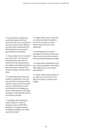 1 2 0
10. Last moments: Imagine you
could fast forward to the last
moments of your life. Look back at
your journey as a whole. What do
you want to be remembered for?
What footprints do you want to
leave behind on the planet?
11. Future advice: From the view of
your future self, the one who is
standing there in your last mo-
ments of this life, looking back at
your legacy, what advice would you
give your present self? Feel and
sense this advice, and then write it
down.
12. Crystalising: Returning to the
present, crystalise your vision for
the next three to five years. What
intention do you have for yourself
and your work? What are some
core elements of the legacy you
want to leave that you could begin
working on now? Describe them as
concretely as possible.
13. Letting go: What would you
need to let go of in order to
bring your vision to life? What
behaviours, thought processes,
worldviews, practices, etc. would
you need to shed?
14. Seeds: What in your current life
or context provides the seeds for
the future you want to create?
Where do you see your future
beginning?
15. Prototyping: If you were to
prototype a microcosm of the ‘new’
future over the next three months,
what would the prototype look like?
16. People: Who could help you turn
your future possibilities into reality?
Who might be your core helpers
and partners?
17. Action : What practical steps can
you take in the next three or four
days to bring your intentions into
reality?
M O V I N G O N : R E F L E C T I N G F O R W A R D T H R O U G H P E R S O N A L J O U R N A L I N G
 