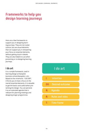 7 0
D E S I G N I N G L E A R N I N G J O U R N E Y S
I do art
I: Intention
DO: Desired outcome
A: Agenda
R: Rules and roles
T: Time frame
Frameworks to help you
design learning journeys
Here are a few frameworks to
support you in designing learn-
ing journeys. They are not rocket
science, but are visual elements
that can support you in sharpening
your focus on essential elements,
without getting stuck in details.
They are also helpful to use when
presenting or co-designing learning
journeys.
I do art
It is a simple framework, used in
learning design at Kaospilot
business school (Kaospilot, n.d.).
Based on the mnemonic ‘I DO ART’,
it forces you to have a focus on the
overall essential elements. It is valuable
to get the basics and useful when pre-
senting the design. You can perceive
it as an extended agenda that is
relevant for planning meetings and
designing longer programmes.
 
