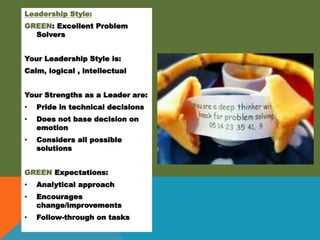 Leadership Style:
GREEN: Excellent Problem
Solvers
Your Leadership Style is:
Calm, logical , intellectual
Your Strengths as a Leader are:
• Pride in technical decisions
• Does not base decision on
emotion
• Considers all possible
solutions
GREEN Expectations:
• Analytical approach
• Encourages
change/improvements
• Follow-through on tasks
 