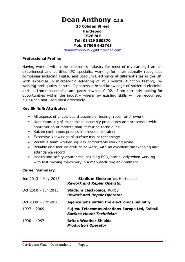 smt operator resume dean anthony cv smt operator resume dean anthony cv