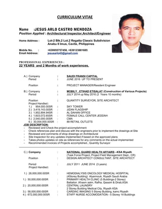 CURRICULUM VITAE
Name :JESUS ARLO CASTRO MENDOZA
Position Applied : Architectural Inspector,Architect/Engineer
Home Address : Lot-2 Blk.2 Lot.2 Regatta Classic Subdivision
Anabu II Imus, Cavite, Philippines
Mobile No. : +639955757458, +639123881685
Email Address: jesusarlo43@gmail.com
PROFESSIONAL EXPERIENCES :
22 YEARS and 2 Months of work experiences.
A.) Company : SAUDI FRANSI CAPITAL
Period : JUNE 2016 UP TO PRESENT
Position : PROJECT MANAGER/Resident Engineer
B.) Company : MOBILY , ETIHAD ETISALAT (Construction of Various Projects)
Period : JULY 2014 up May 2016 (2 Years 10 months)
Position : QUANTITY SURVEYOR, SITE ARCHITECT
Project Handled:
1.) 954,000.00SR : SKY TOWER
2.) 3,419,143.00SR : JIZAN FLAGSHIP
3.) 1,902,894.94SR : AL DAHAN OFFICE
4.) 1,603,072.65SR : FEMALE CALL CENTER JEDDAH
5.) 2,540,000.00SR : CMA
6.) 30,054,000.00SR : 88 RETAIL OUTLETS
JOB DESCRIPTION:
- Reviewed and Check the project accomplishment
- Check references plan and discuss with the engineers prior to implement the drawings at Site
- Reviewed and comments of shop drawings on Architectural
- Site Inspection for any updates implemented if based on the approved plans
- Takes photos updates on site as references for any comments on the actual implemented
- Recommended invoices of Projects accomplished., Quantity Surveyor
____________________________________________________________________________________
C.) Company : NATIONAL GUARD HEALTH AFFAIRS –KSA Riyadh
(Task Force Project, Project Field Management Dept., CR)
Position : DESIGN ARCHITECT CONSULTANT, SITE ARCHITECT
Period : JULY 2011 JUNE 2014 (3 years)
Project Handled:
1.) 28,000,000.00SR : HEMODIALYSIS ONCOLOGY MEDICAL HOSPITAL
(4Storey Building) Alyarmouk, Riyadh Saudi Arabia
1.) 50,000,000.00SR : PRIMARY HEALTH CLINIC (5 Buildings-2 Storey)
Battalion ,Khasm aalm, Rafha, Qassim & Dirab,KSA
2.) 20,000,000.00SR : CENTRAL LAUNDRY
2 Storey Building Medical City, Riyadh KSA
3.) 58,000,000.00SR : CARDIAC IMAGING 5 Storey Building, kamc Riyadh
4.) 672,000,000.00SR : STAFF NURSE ACCOMODATION - 5 Storey 14 Buildings
 