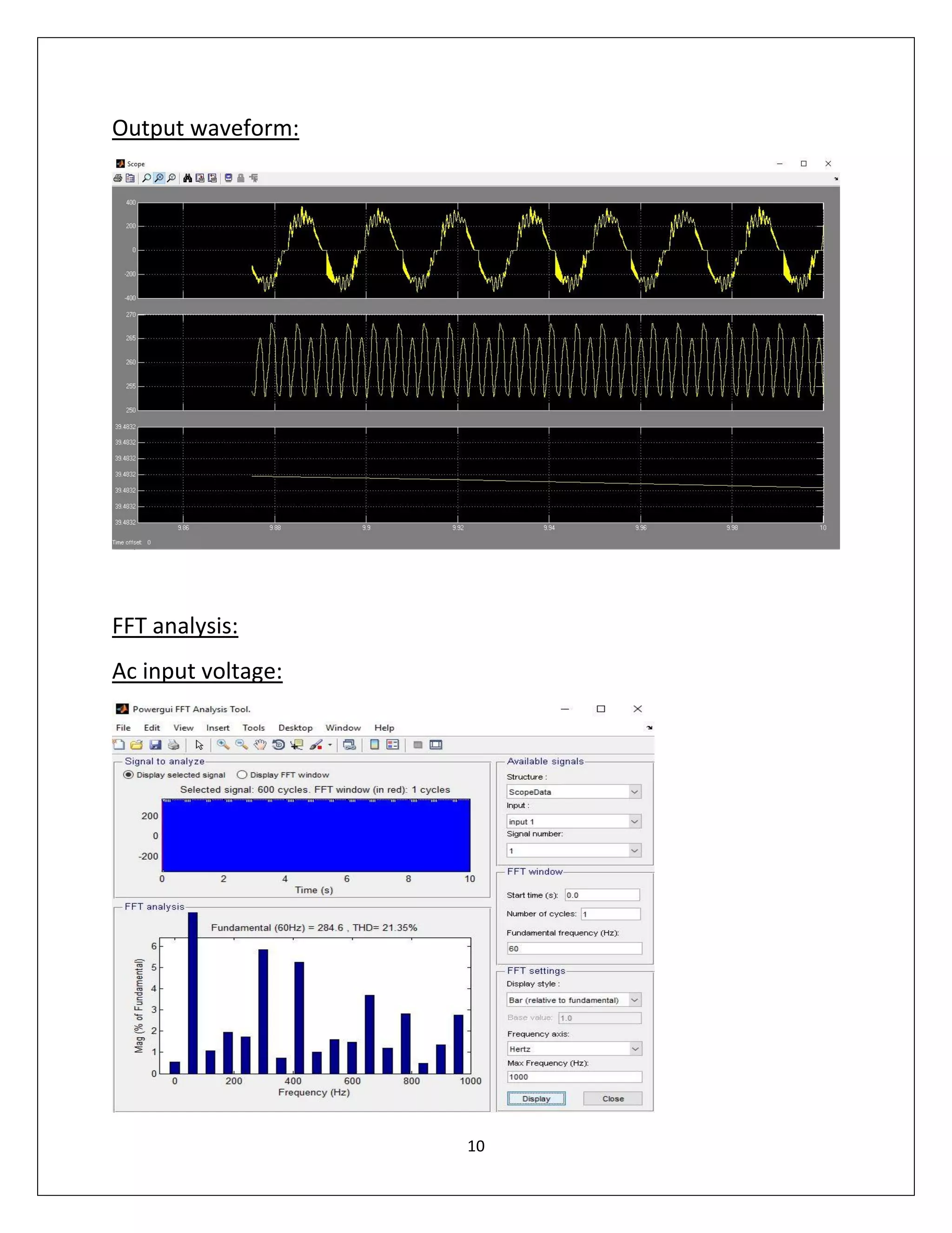 10
Output waveform:
FFT analysis:
Ac input voltage:
 