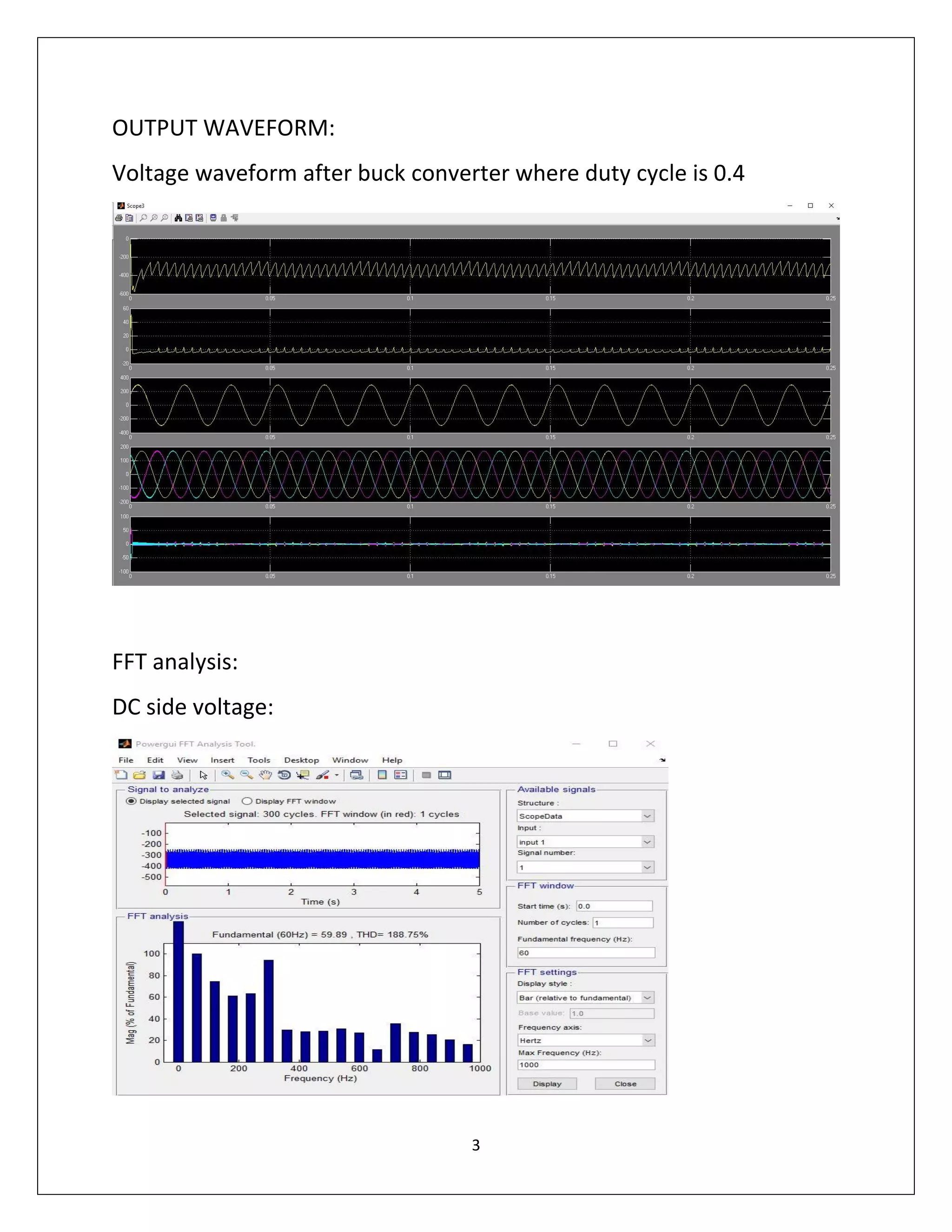 3
OUTPUT WAVEFORM:
Voltage waveform after buck converter where duty cycle is 0.4
FFT analysis:
DC side voltage:
 