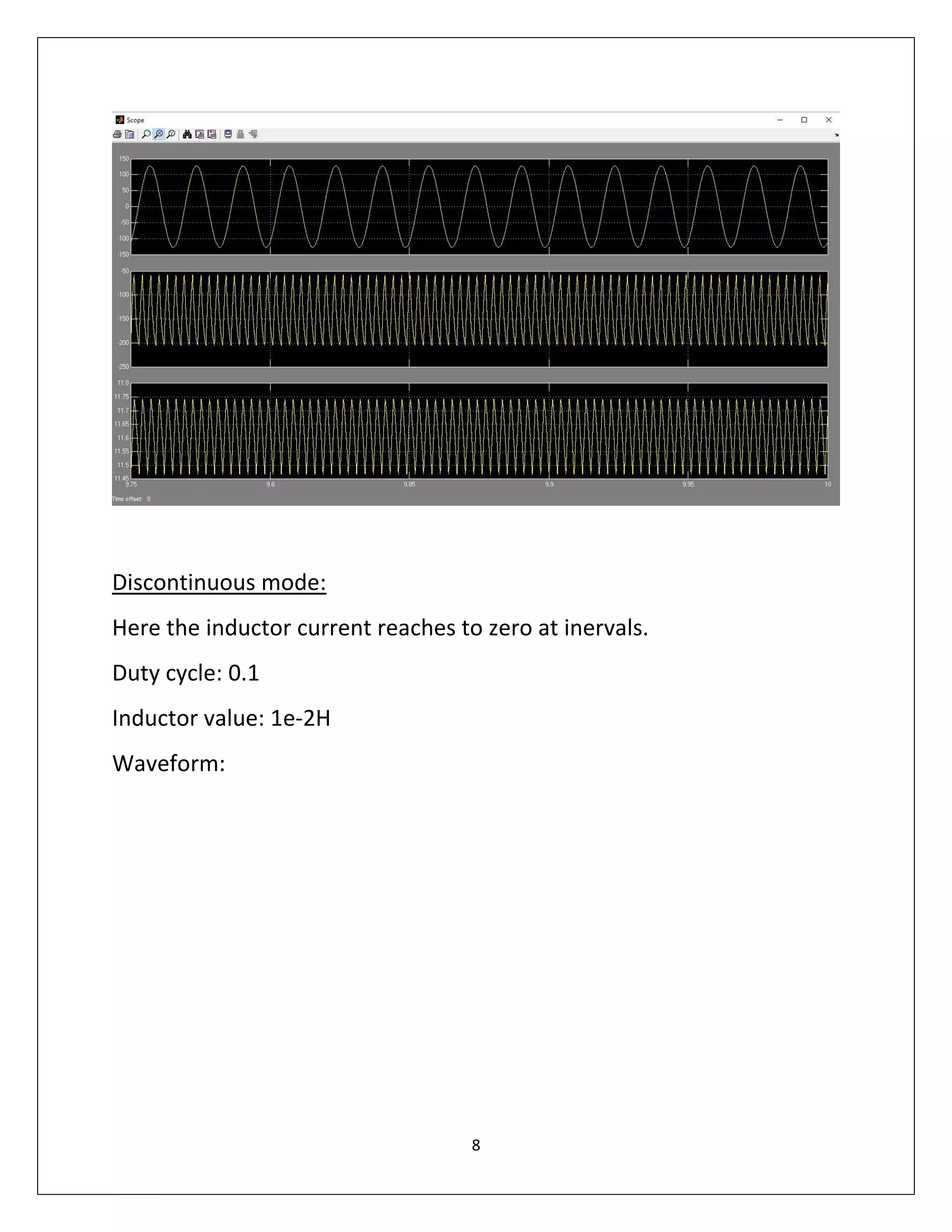 8
Discontinuous mode:
Here the inductor current reaches to zero at inervals.
Duty cycle: 0.1
Inductor value: 1e-2H
Waveform:
 