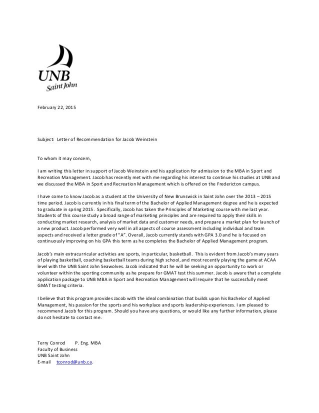 jacob weinstein reference letter mba sports recreation feb 22 sports recommendation letter