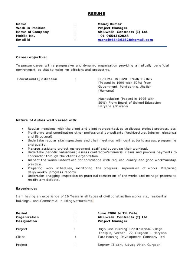 manoj kumar resume project manager civil resume construction manager