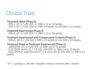 Clinical Trials
Treatment Naïve (Phase 3)
- ION-1: GT-1 / LDV-SOF +/- RBV x 12 or 24 weeks
- ION-3: GT-1 / LDV-SOF +/- RBV x 8 weeks vs LDV/SOF x 12 weeks
Treatment Experienced (Phase 3)
- ION-2: GT-1 / LDV-SOF +/- RBV x 12 or 24 weeks
Treatment Experienced with Compensated Cirrhosis (Phase 2)
- SIRIUS: GT-1 / LDV-SOF + RBV x 12 weeks or LSV-SOF x 24 weeks
Treatment Naïve or Treatment Experienced (Phase 2)
- LONESTAR: GT-1 / LDV-SOF +/- RBV x 8 or 12 weeks
- ELECTRON (Arms 12-17 & 22): LDV-SOF +/- RBV x 6 or 12 weeks
- ELECTRON-2: experienced GT-1 & naïve GT-3/ LDV-SOF +/- RBV x 12
weeks
GT- 1 = genotype 1, LDV-SOF = ledipasvir-sofosbuvir (Harvoni), RBV = ribavirin
 