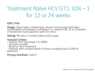 Treatment Naïve HCV GT1: ION – 1
for 12 or 24 weeks
ION-1 Trial
Design: Open-label, randomized, phase 3 trial using fixed-dose
combination of ledipasvir-sofosbuvir +/- ribavirin for 12 or 24 weeks
in treatment-naïve patients with GT1 HCV
Setting: 99 sites in United States and Europe
Inclusion Criteria
- Chronic HCV Genotype 1 (n=865)
- 18 years or older
- No prior HCV treatment
- Patients with compensated cirrhosis accepted (up to 20% of
patients)
Primary End-Point: SVR12
Afdhal N, et al. N Engl J Med. 2014;370:1889-98.
 