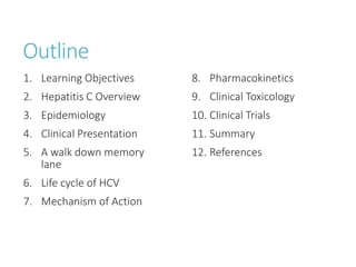 Outline
1. Learning Objectives
2. Hepatitis C Overview
3. Epidemiology
4. Clinical Presentation
5. A walk down memory
lane
6. Life cycle of HCV
7. Mechanism of Action
8. Pharmacokinetics
9. Clinical Toxicology
10. Clinical Trials
11. Summary
12. References
 
