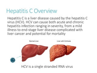 Hepatitis C Overview
Hepatitis C is a liver disease caused by the hepatitis C
virus (HCV). HCV can cause both acute and chronic
hepatitis infection ranging in severity, from a mild
illness to end-stage liver disease complicated with
liver cancer and potential for mortality
HCV is a single stranded RNA virus
 