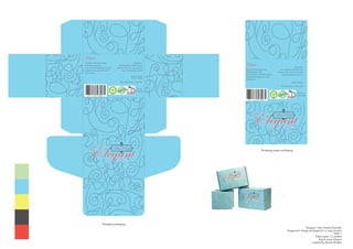 Designer: John Charles Connolly
Assignment: Design packaging for a soap product
HND 1
Client name: J.C Limited
Brand name: Elegant
Inspired by Marian Bantjes
Template packaging
Wrapping paper packaging
EST. 2015
ElegantElegantShea Soap
Elegant
Contains moisturizing cream
and mild cleaners that
leave your skin feeling soft, smooth,
rehydrated leaving you feel calm
and restored.
Ingredients:
Oat, Buckwheat, Mineral water,
Beeswax, Olive oil, Grape seed oil,
canola oil, Sunflower seed oil.
Made in Ireland
By JC Limited
Best used before: 17 Jun 2017
NET WT
5.29oz/150gs
EST. 2015
ElegantElegantShea Soap
Elegant
Contains moisturizing cream
and mild cleaners that
leave your skin feeling soft, smooth,
rehydrated leaving you feel calm
and restored.
Ingredients:
Oat, Buckwheat, Mineral water,
Beeswax, Olive oil, Grape seed oil,
canola oil, Sunflower seed oil.
Made in Ireland
Best used before: 17 Jun 2017
NET WT
5.29oz/150gs
 