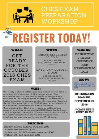 CHES EXAM
PREPARATION
WORKSHOP
9:00 AM - 4:00 PM
CONTINENTAL BREAKFAST
SERVED
8:30 AM - 12:00 PM
CONTINENTAL BREAKFAST
SERVED
GET
READY
FOR THE
OCTOBER
2016 CHES
EXAM http://my.sophe.org/
MeetingsEvents/Eve
ntRegistration/Event
ID/1
**CLASSSIZEIS
LIMITEDTO25.**
FRIDAY, SEPTEMBER
30, 2016
SATURDAY, OCTOBER
1, 2016
PRICING:
REGISTRATION
DEADLINE:
SEPTEMBER 23,
2016
WHAT: WHEN: WHERE:
750 FIRST ST NE,
9TH FLOOR
CONFERENCE
ROOM,
WASHINGTON, DC
20002
Our newly-updated CHES exam preparation course will be
including all of the new HESPA competencies. This
interactive, face-to-face study session is designed as a
refresher of the key principles, concepts & techniques in
health education to prepare you for the upcoming Certified
Health Education Specialist (CHES) exam administered by
the National Commission for Health Education
Credentialing, Inc. The 1.5 day course provides expert
instruction, a copy of the official CHES Exam Study Guide,
and a suggested reading list of important content related to
the CHES competencies. Individuals will learn best
practices for studying and taking the CHES exam.
WHY:
Student SOPHE national member: $195
Student non-member: $275
Professional SOPHE national member: $305
Professional non-member: $385
PRICING:
REGISTER TODAY!
HOW:
 