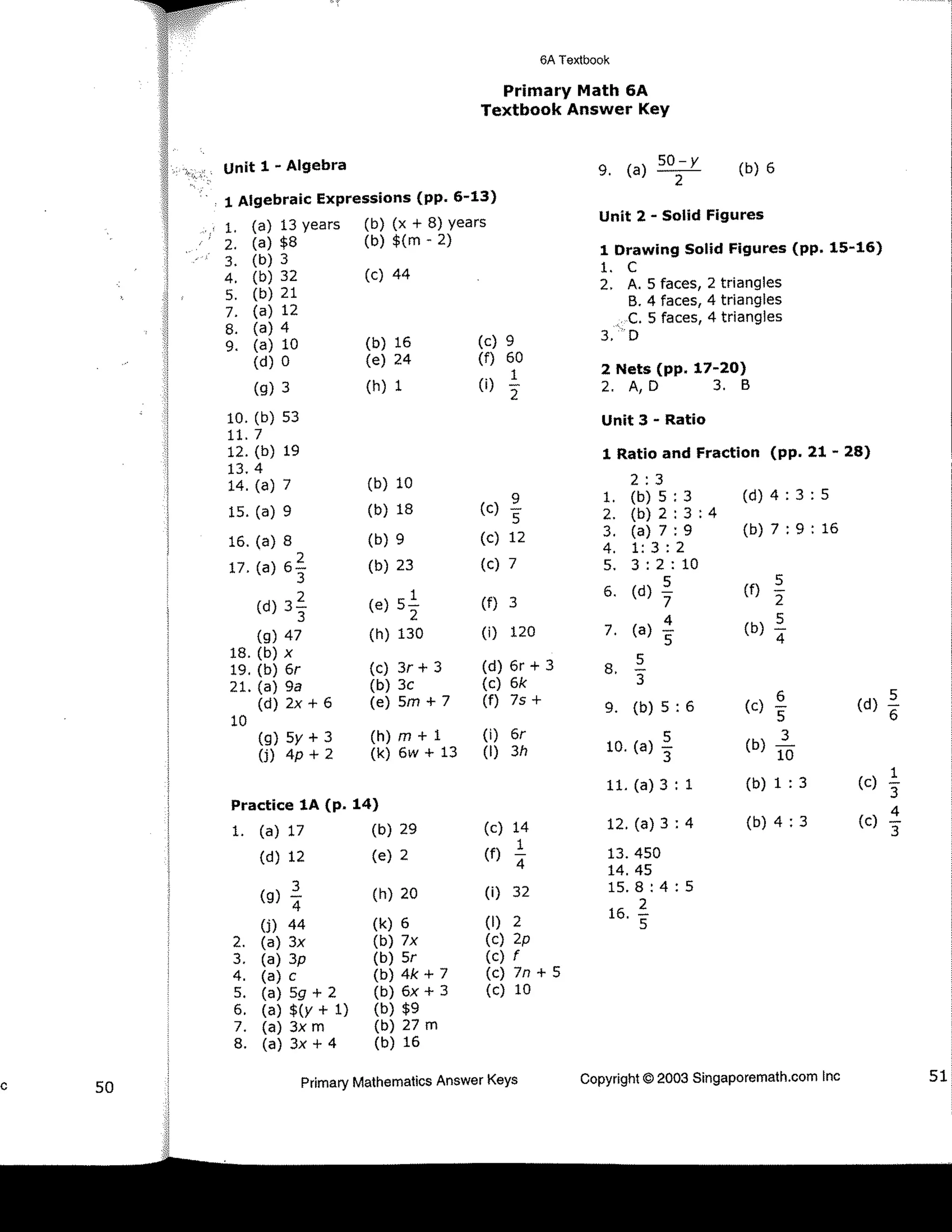 Singapore Math - 6A - Answer Key | PDF