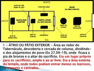1 - ÁTRIO OU PÁTIO EXTERIOR - Área ao redor do Tabernáculo, descoberta e cercada de colunas, dividindo- o dos alojamentos do povo (Ex 27.09-19), onde ficava a pia de bronze e o altar do sacrifício. Era um lugar próprio para os sacrifícios, amplo e ao ar livre. Era a área externa do templo, onde todos podiam entrar menos os leprosos, os impuros e castrados.  