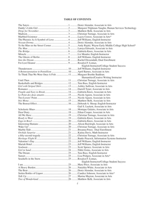 TABLE OF CONTENTS
The Satyrs .............................................................1 ............Deniz Alemdar, Associate in Arts
Daddy’s Little Girl................................................2 ............Margaret Tilghman-Vaughn, Human Services Technology
Dirge for November ..............................................3 ............Matthew Belk, Associate in Arts
Madison.................................................................3 ............Christian Turnage, Associate in Arts
Marbled Existence ................................................4 ............Lacey Cerezo, Associate in Arts*
The Phoenix As A Symbol of Love ......................4 ............Jeff Williams, English Instructor
Nessun Dorma.......................................................4 ............Deniz Alemdar, Associate in Arts
To the Man on the Street Corner...........................5 ............Andy Rajski, Wayne Early Middle College High School*
The Man ................................................................5 ............Latoya Edwards, Associate in Arts
The Bridge.............................................................6 ............Gabriela Knox, Associate in Arts
Miracle..................................................................7 ............Liz Meador, English Instructor
The Ghosts of Berlin.............................................8 ............Jeff Williams, English Instructor
Into the Dream ......................................................8 ............Rachel Drosendahl, Dual Enrollment
For Lost Eleanor ...................................................9 ............Rosalyn F. Lomax,
English Instructor/College Student Success
Thundersnow.........................................................10 ..........Jeff Williams, English Instructor
A Reinterpretation in Pointillism ..........................10 ..........April Barnes, Associate in Arts
To Think That We Were Once A Fish ...................11 ..........Margaret Boothe Baddour,
Humanities/Creative Writing Instructor
Until Then .............................................................11 ..........Christian Turnage, Associate in Arts
Basketballs and Bridges........................................12 ..........Tara Bass, English Instructor
Girl with Striped Shirt...........................................13 ..........Ashley Sullivan, Associate in Arts
Romance ...............................................................14 ..........Darrell Tyner, Associate in Arts
Fragile and Easy to Break.....................................14 ..........Gabriela Knox, Associate in Arts
Le Point des deux amants......................................15 ..........Nicole Aguon, Associate in Arts
Two Lovers’ Point.................................................15 ..........Nicole Aguon, Associate in Arts
Inis Mona ..............................................................15 ..........Matthew Belk, Associate in Arts
The Bonsai Effect..................................................16 ..........Deborah A. Shoop, English Instructor
Gail S. Luckett, Associate in Arts
Scholastic Blues....................................................18 ..........Monique Gulaito, Associate in Arts
Dear Diary.............................................................18 ..........Ethan Cooper, Associate in Arts
All We Have..........................................................19 ..........Christian Turnage, Associate in Arts
Ready to Wear .......................................................19 ..........Gabriela Knox, Associate in Arts
Eggs in Bowl .........................................................20 ..........Gabriela Knox, Associate in Arts
Interesting Humans...............................................20 ..........Alison Rawleigh, Associate in Arts
Wake Up! ..............................................................20 ..........Christian Turnage, Associate in Arts
Marble Slab...........................................................21 ..........Breanna Ponzi, Dual Enrollment
Orchids Surprise ...................................................21 ..........Katina Davis, Math Instructor
a ﬁfty-second tragedy............................................22 ..........Christian Turnage, Associate in Arts
Heritage Flight II..................................................22 ..........Banks Peacock, Information Systems Instructor
Valentine’s Day.....................................................23 ..........Jeff Williams, English Instructor
Mariah Hotel.........................................................23 ..........Jeff Williams, English Instructor
Soulmate................................................................23 ..........Scott Spence, Associate in Arts
Girl in Sand...........................................................24 ..........Nikki Goins, Associate in Arts
The Dream ............................................................25 ..........Tara Bass, English Instructor
Sunset....................................................................25 ..........Lisa Pridgen, Associate in Arts*
Seashells in the Snow............................................25 ..........Rosalyn F. Lomax,
English Instructor/College Student Success
I am .......................................................................25 ..........Mary Price, Associate in Arts
A Heavy Burden....................................................26 ..........Natashia White, Associate in Arts
The Bear................................................................26 ..........Deniz Alemdar, Associate in Arts
Stolen Bottles of Liquor........................................26 ..........Candice Johnson, Associate in Arts*
Talk Up..................................................................27 .........Marina Mayton, Associate in Arts
Tree of Wonderland ...............................................28 ..........Matthew Belk, Associate in Arts
i
 