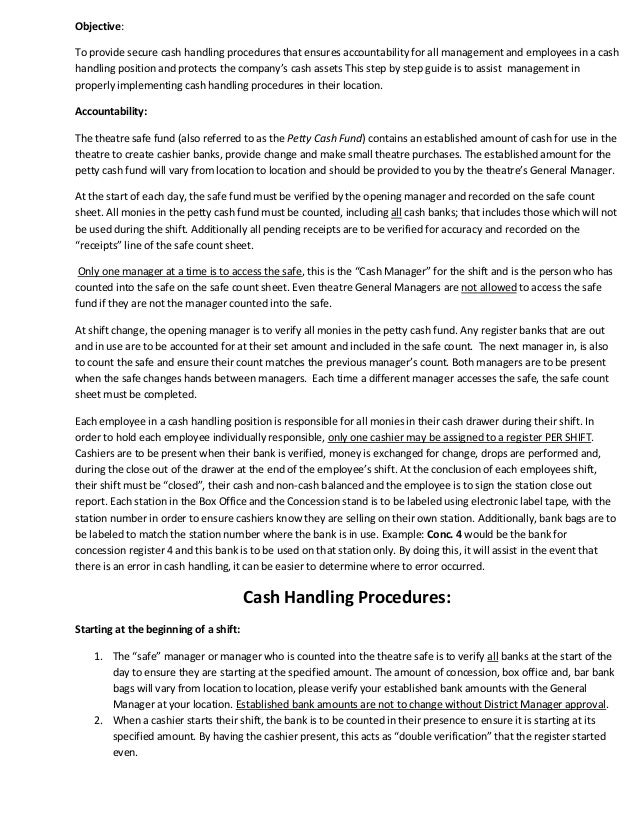 cash handling procedural instructions cash register counting sheet