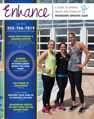 MAY 2015
302-766-7819
WWW.HACHEALTHCLUB.COM
ELENA DELLE DONNE &
AMANDA CLIFTON
HOW HAC PERSONAL TRAINER,
DINA MOORE, KEEPS THEM IN SHAPE
IN THE OFF SEASON
PAGE 21
THE POWER OF
SMOOTHIES!
PAGE 32
LOOK INSIDE:
RESTORE YOUR CORE IN
30 MINUTES OR LESS!
PAGE 8
DANGEROUS EFFECTS
OF FAST FOOD ON THE
HUMAN BODY
PAGE 14
Enhance
A GUIDE TO OVERALL
HEALTH AND FITNESS BY
HOCKESSIN ATHLETIC CLUB
SUMMER
FUN AT HAC!
$0 ENROLLMENT
WHEN YOU JOIN
NOW!
See Page 18 for Details.
 